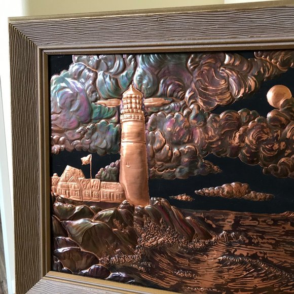 Lighthouse Nautical Ocean Scene Embossed Copper Framed Picture Repousse 15x19 - Picture 2 of 5